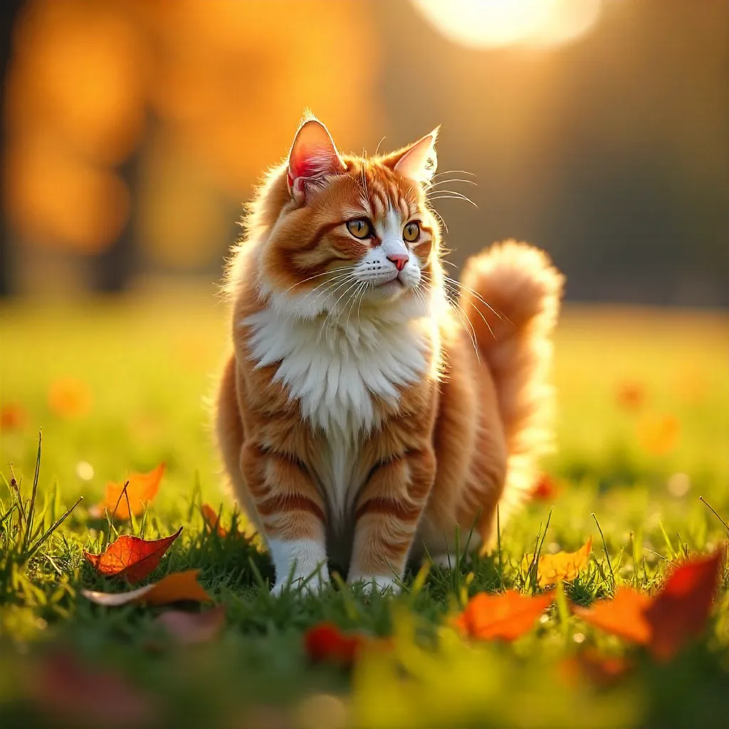 Orange and White Cat in a Sunlit Autumn Field