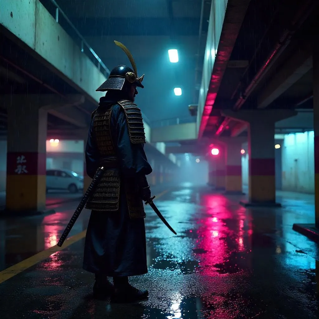 Samurai in a Neon Parking Garage