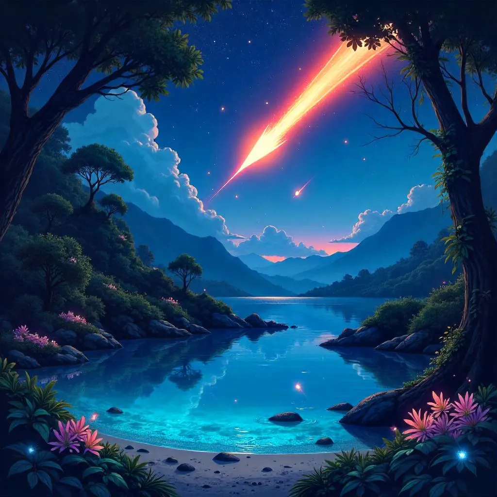 Meteor Over a Hidden Lagoon in Anime Style