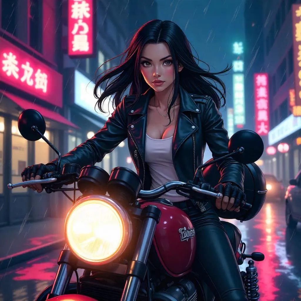 Neon Night Ride: Anime-Style Adult Caucasian Woman on a Motorcycle