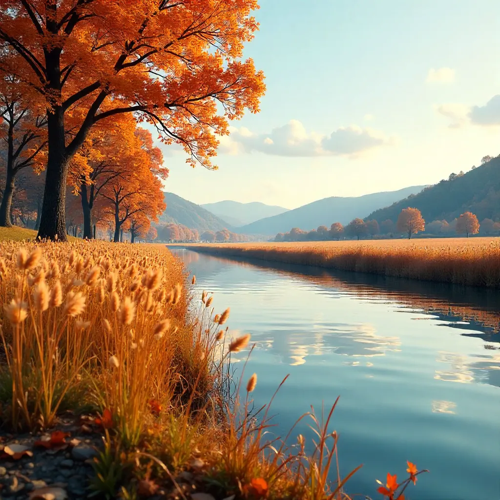 Golden Reeds by a Tranquil Autumn River