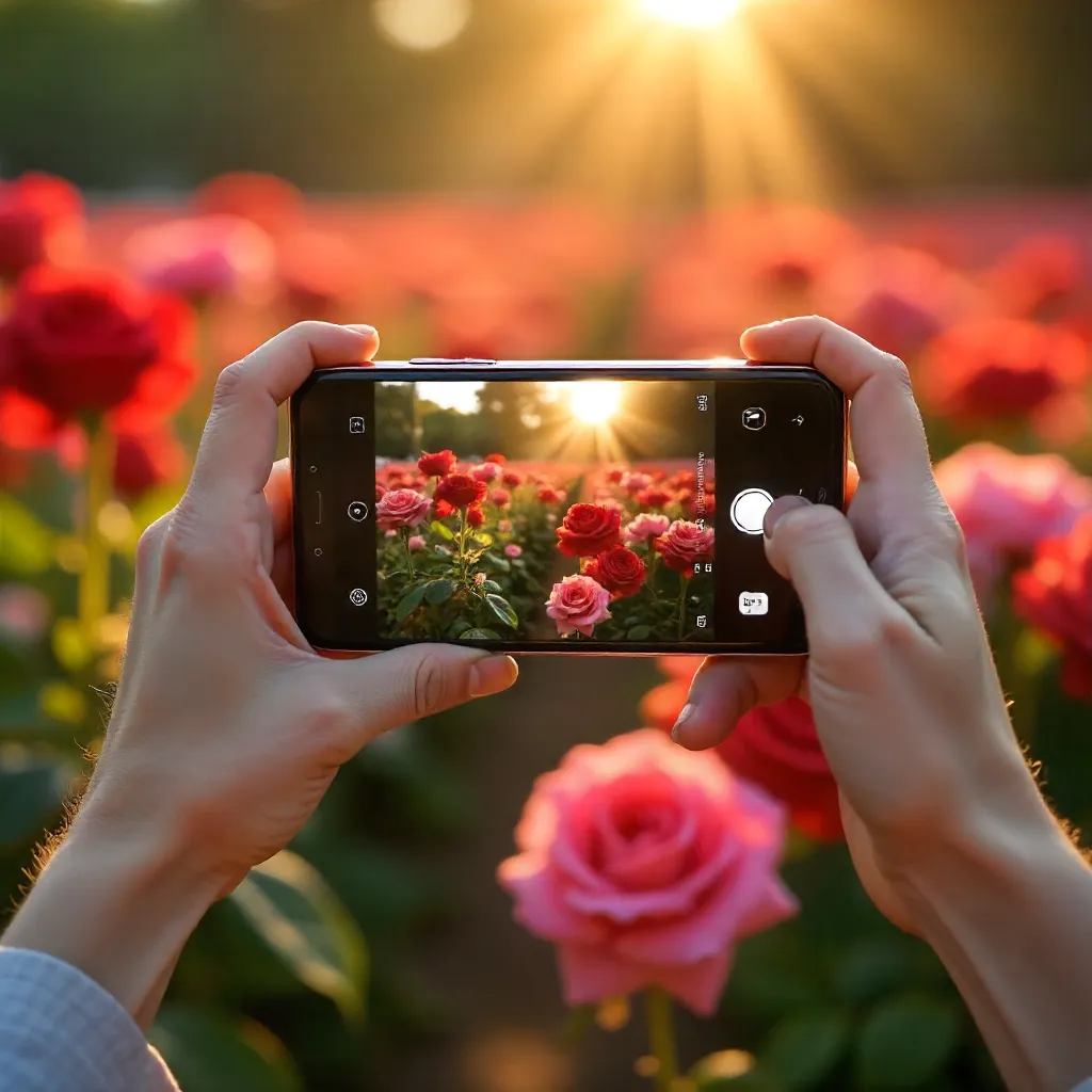 Hands Photographing a Sunlit Rose Garden
