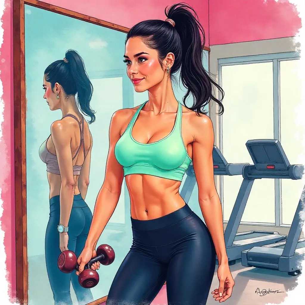 Watercolor Portrait of a Young Latina in the Gym