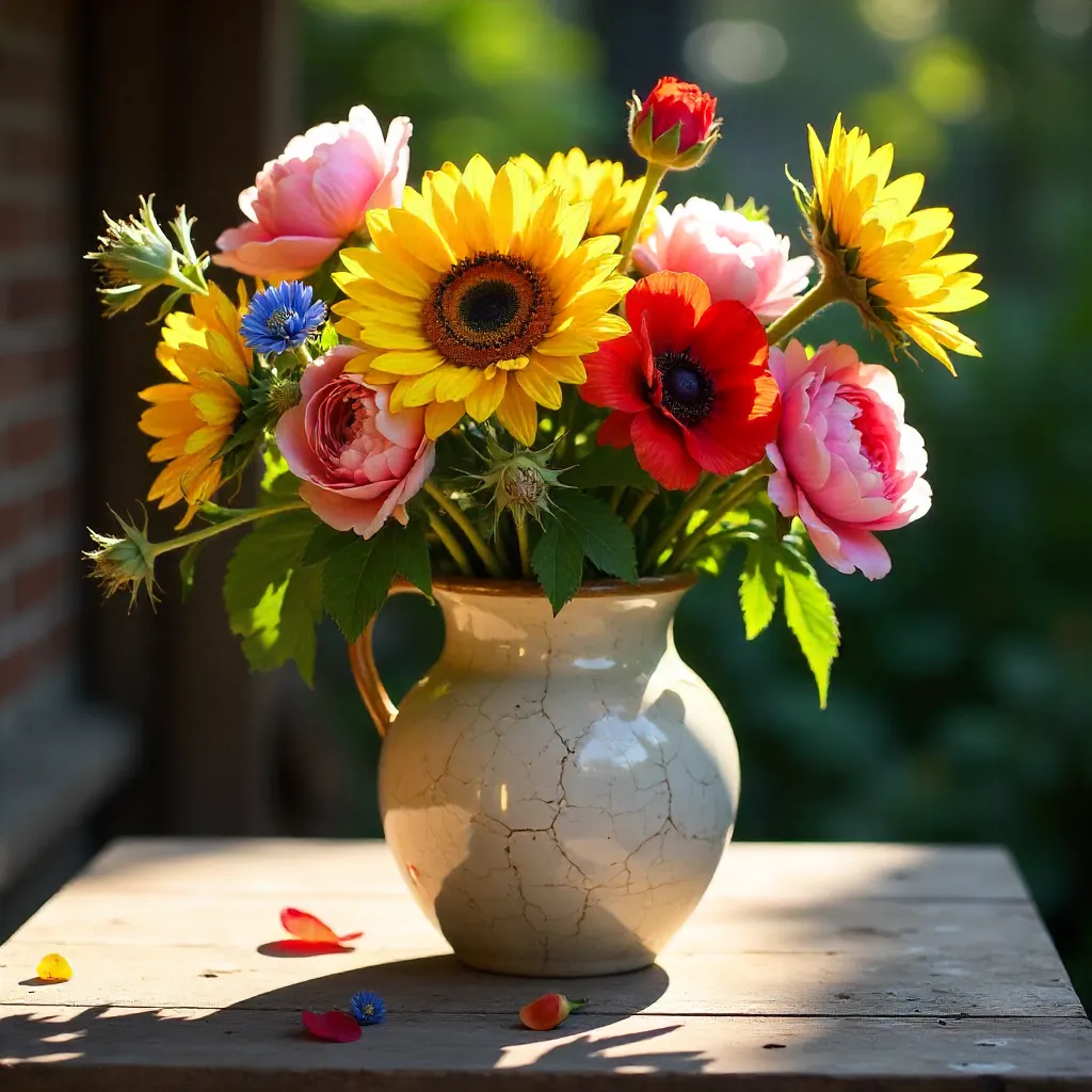 Sunlit Rustic Vase with Vibrant Flowers