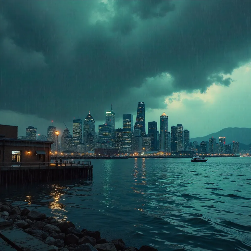Moody Seattle Skyline Over Stormy Waterfront