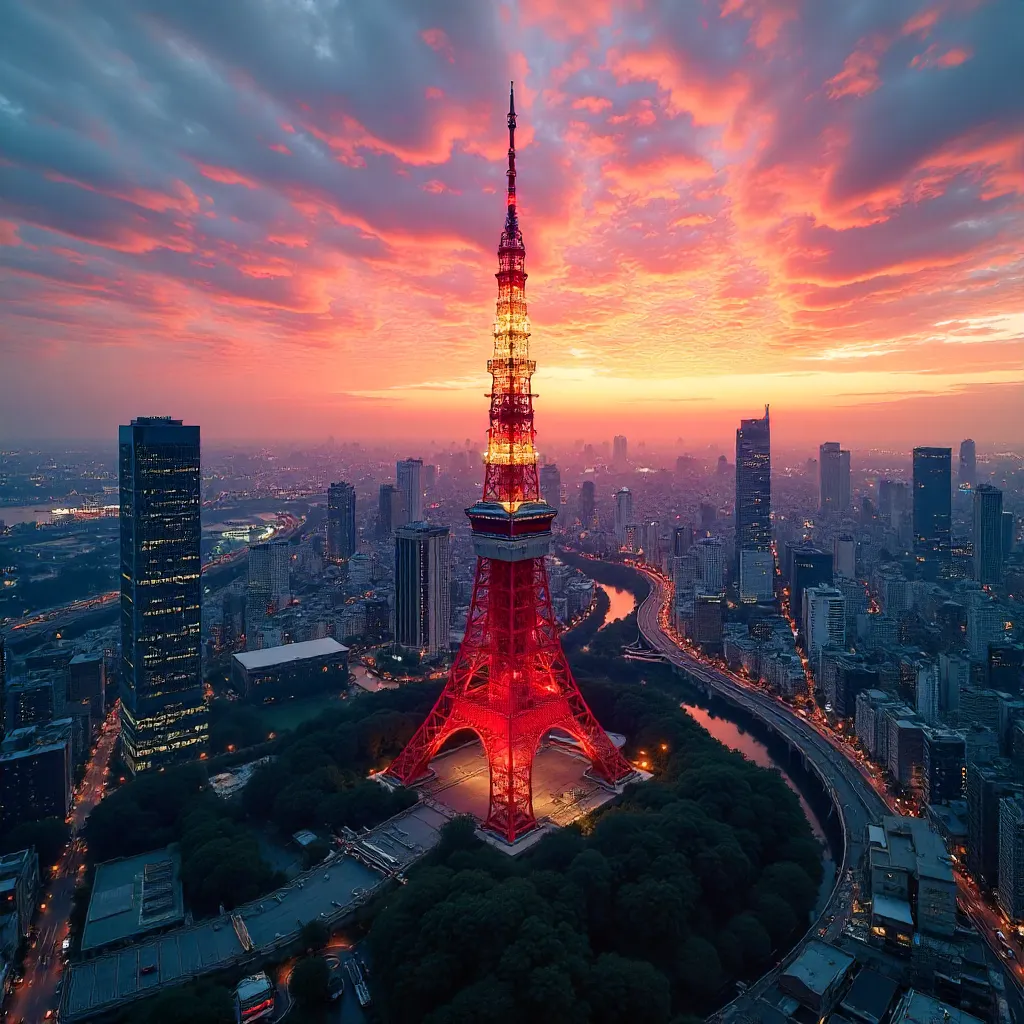 Dramatic Sunset Aerial View of Tokyo Tower Over the City
