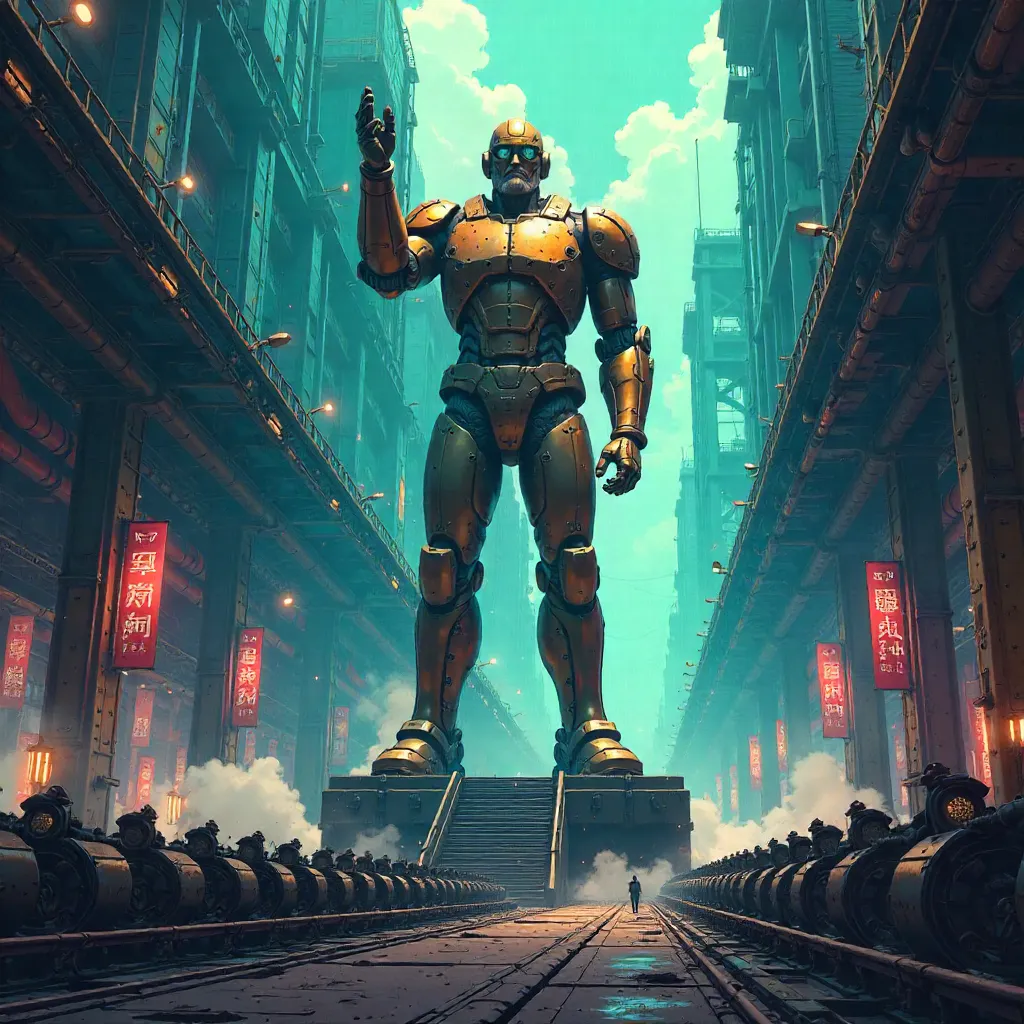 Monument in a Neon Mecha Factory (Anime Style)