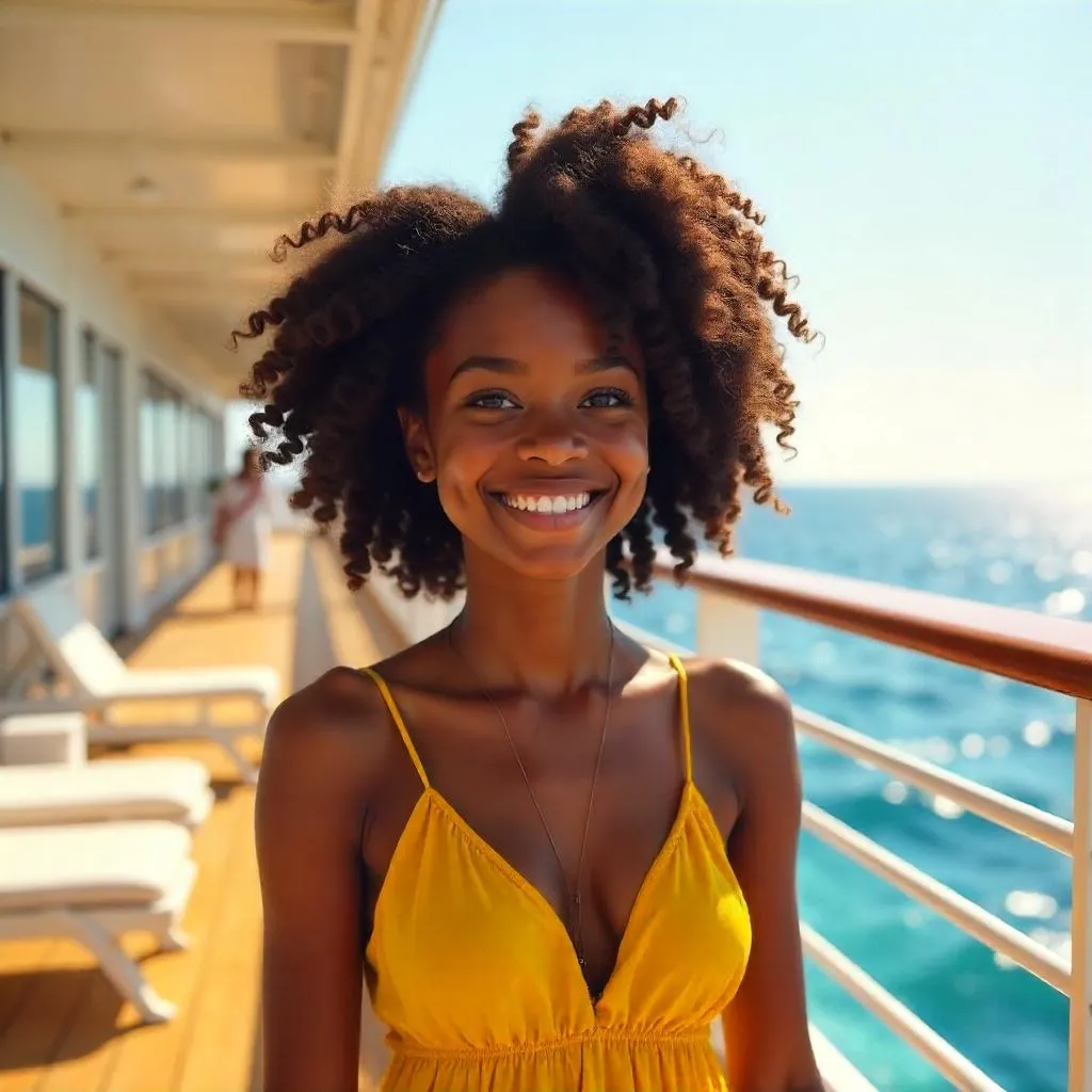 Cheerful Black Girl on a Sunny Cruise Deck