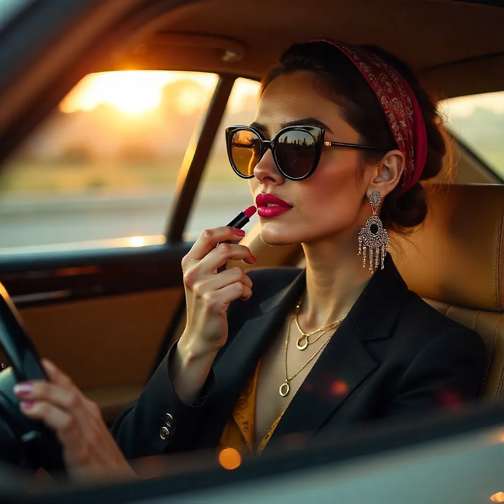 Vibrant Lips in the Car Rearview Mirror