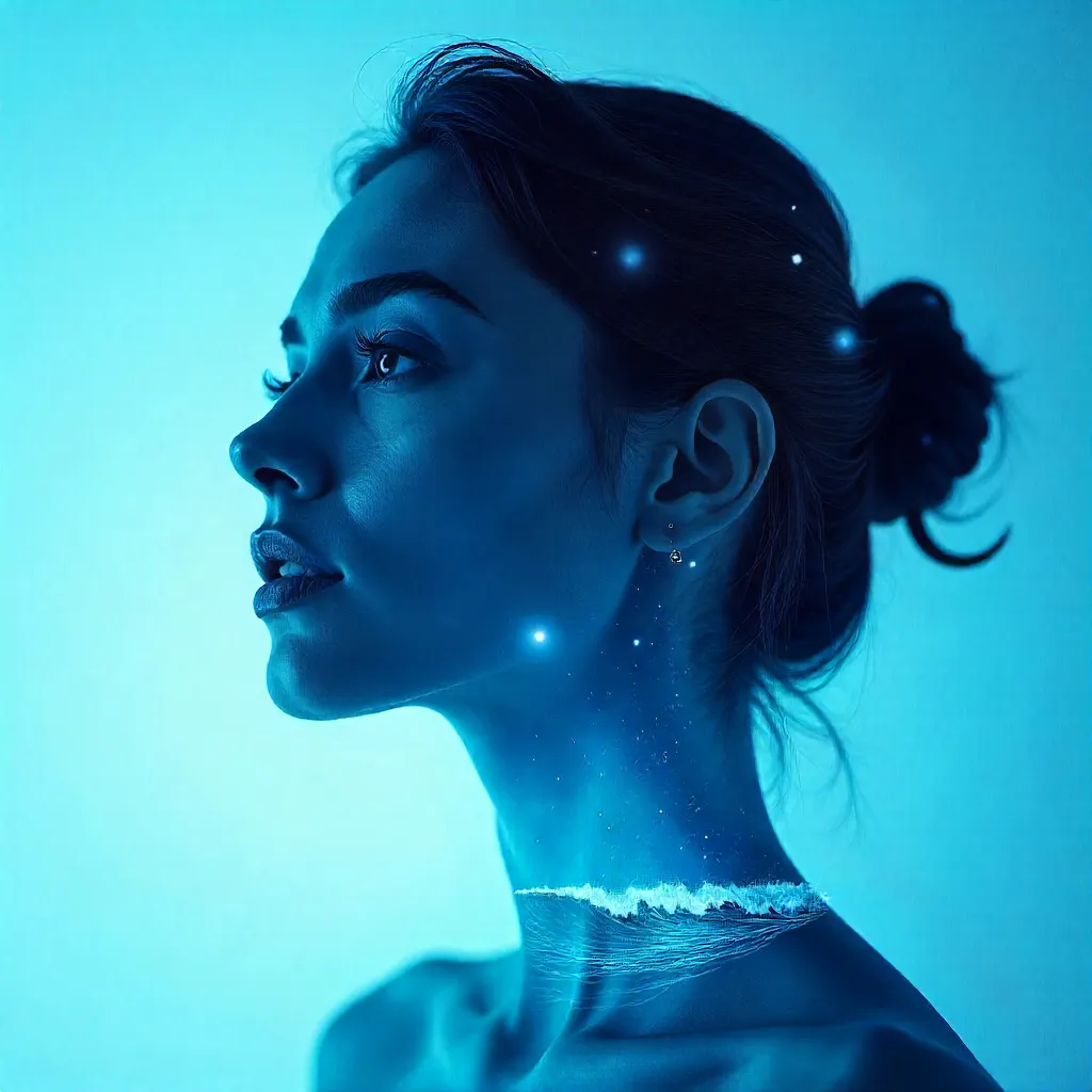 Blue Double Exposure Portrait: Woman in Light
