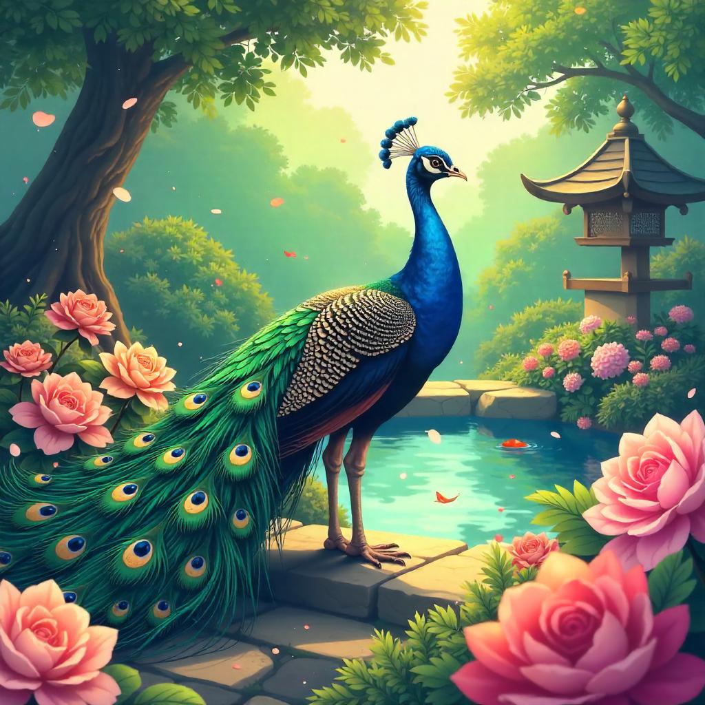 Anime Peacock in a Lush Garden with Blossoms