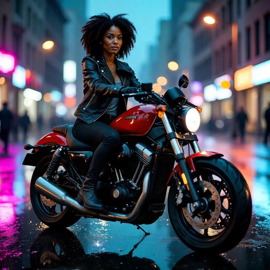Confident Black Woman on a Photorealistic Motorcycle