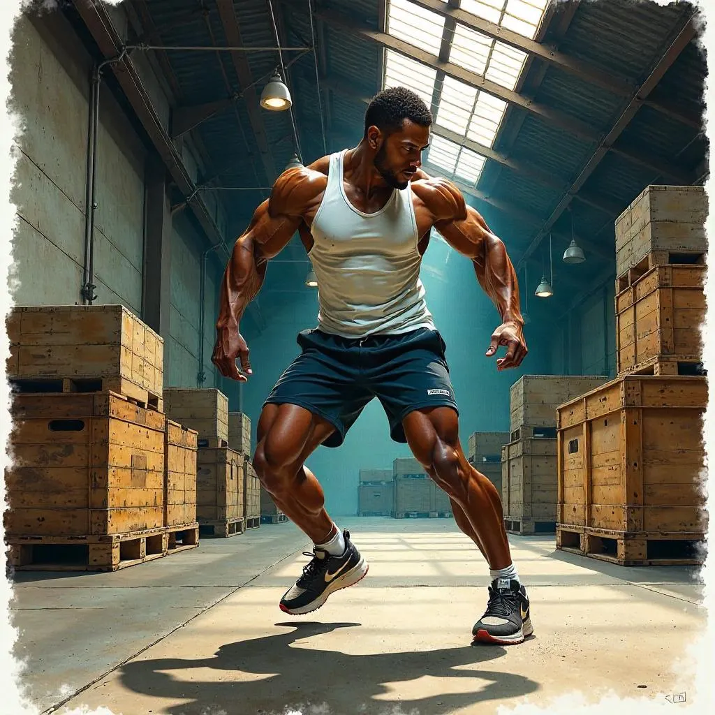 Dynamic Watercolor Athlete in a Warehouse