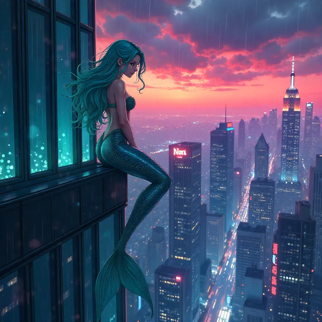 Siren on a Neon Skyscraper - Anime Style