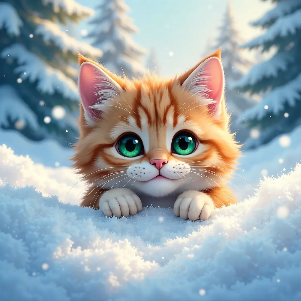 Peeking Through Deep Snow: A Fluffy Green-Eyed Cat