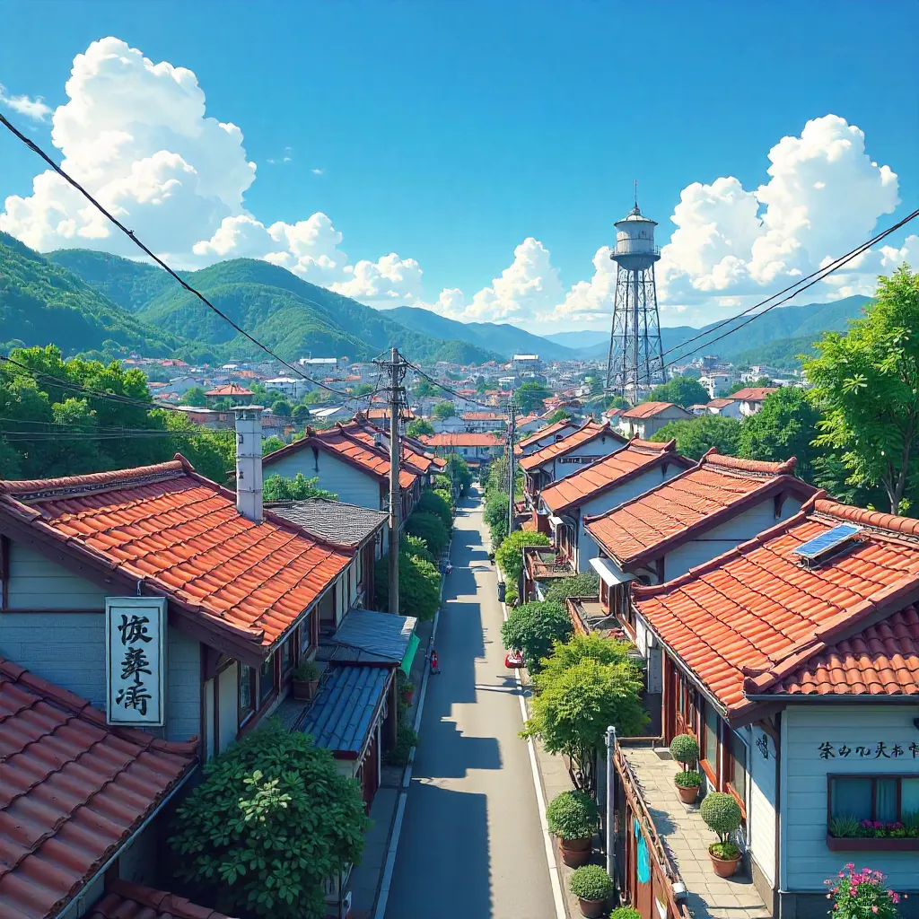 Vibrant Japanese Rooftops and Water Tower on a Sunny Day