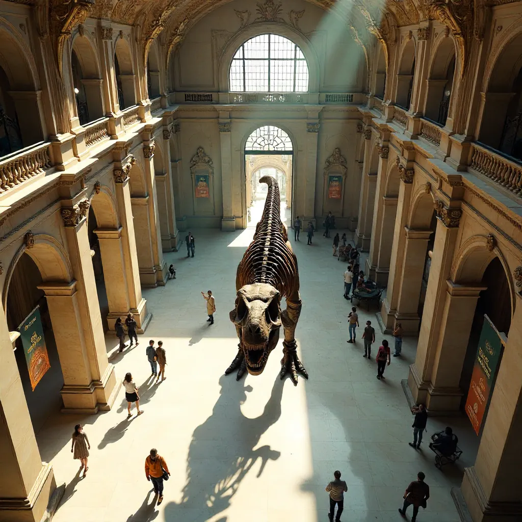 Aerial View: Dinosaur Skeleton in a Grand Museum Hall