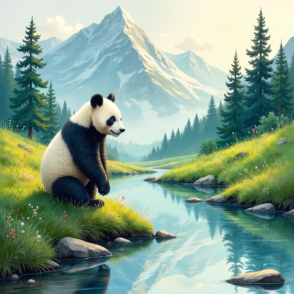 Panda in a Mountain Valley: Watercolor Dream