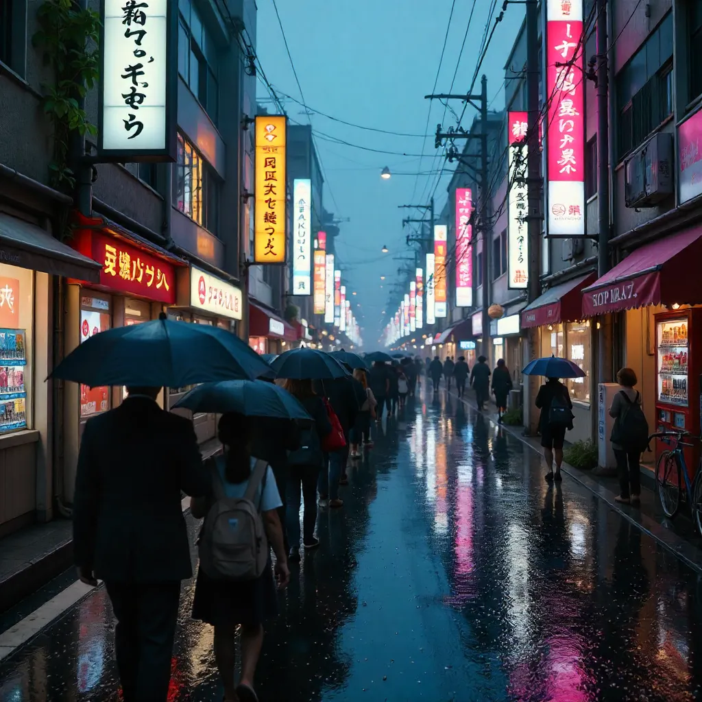 Umbrella Line in a Rainy Japanese City