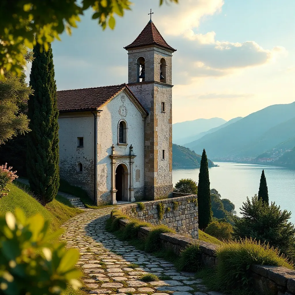 Historic Salò Church and Bell Tower Among Greenery