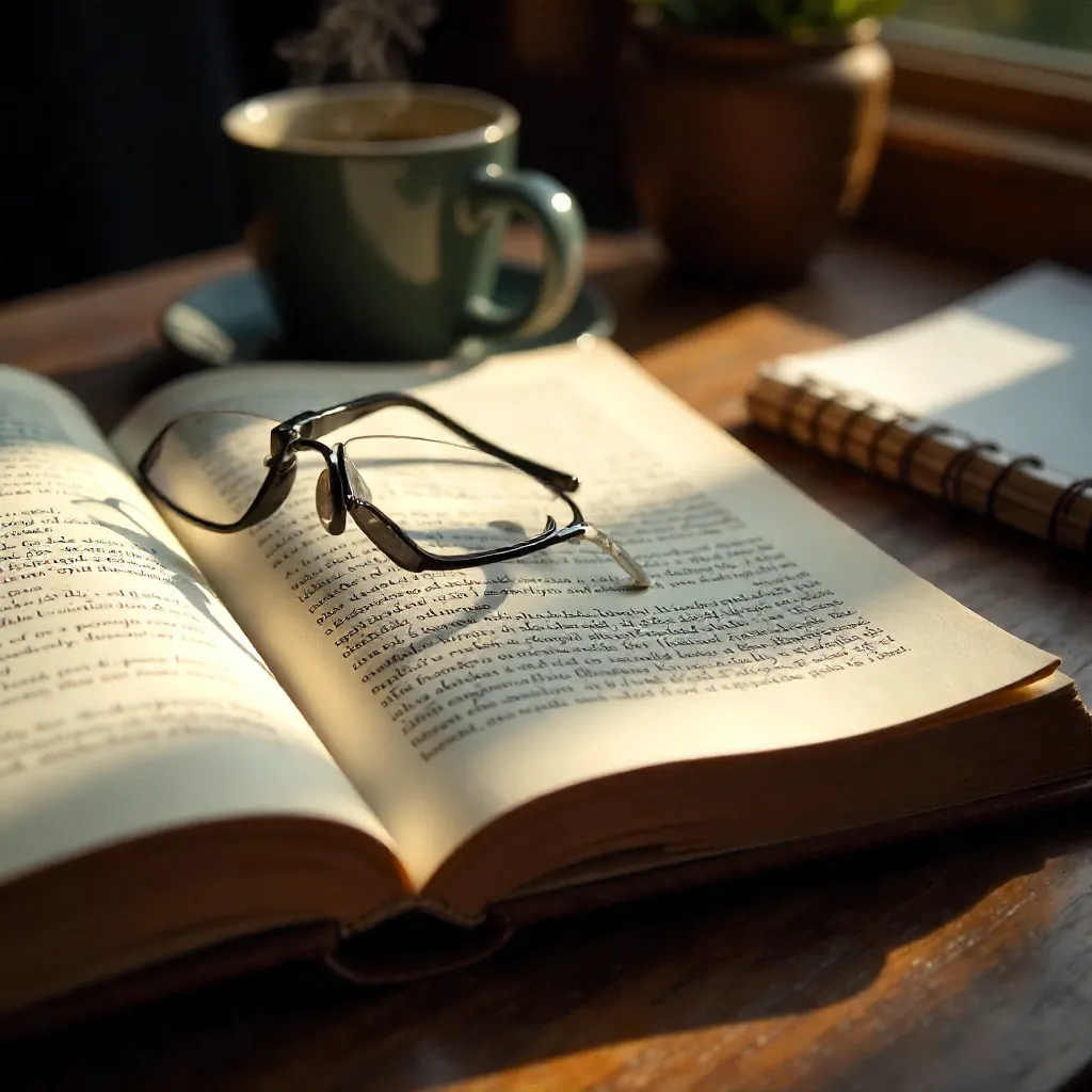 Close-Up: Book and Eyeglasses on a Reading Table