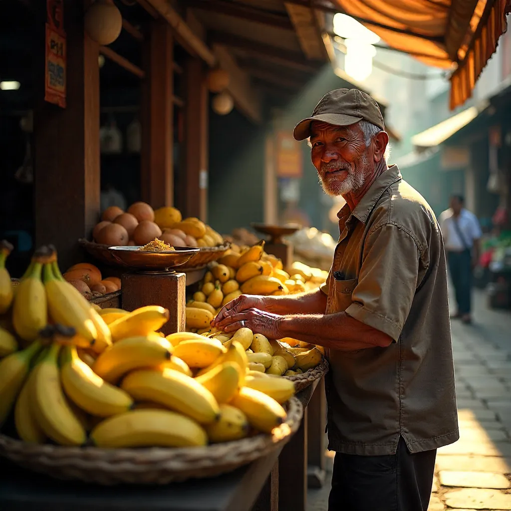 Sunlit Bananas at a Traditional Asian Market