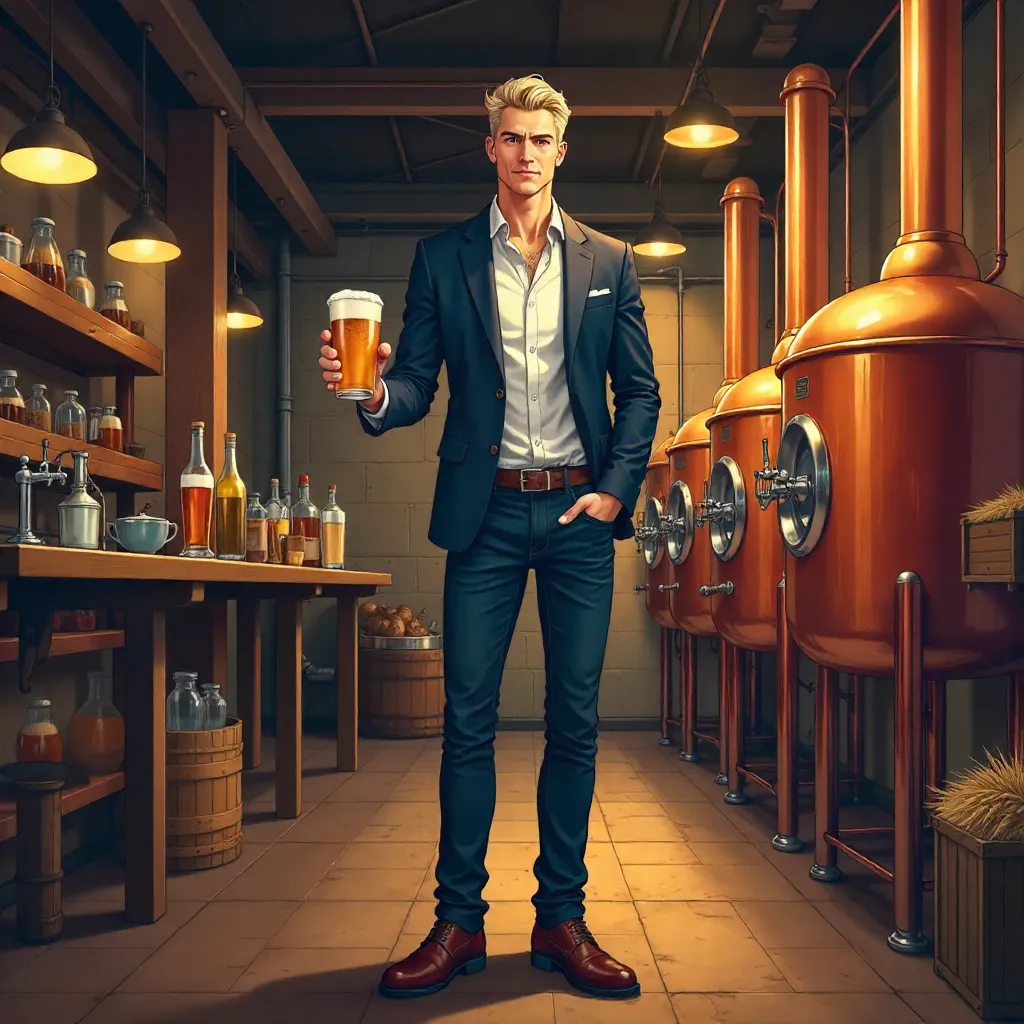 Stylish White Man in Anime Style at a Brewery
