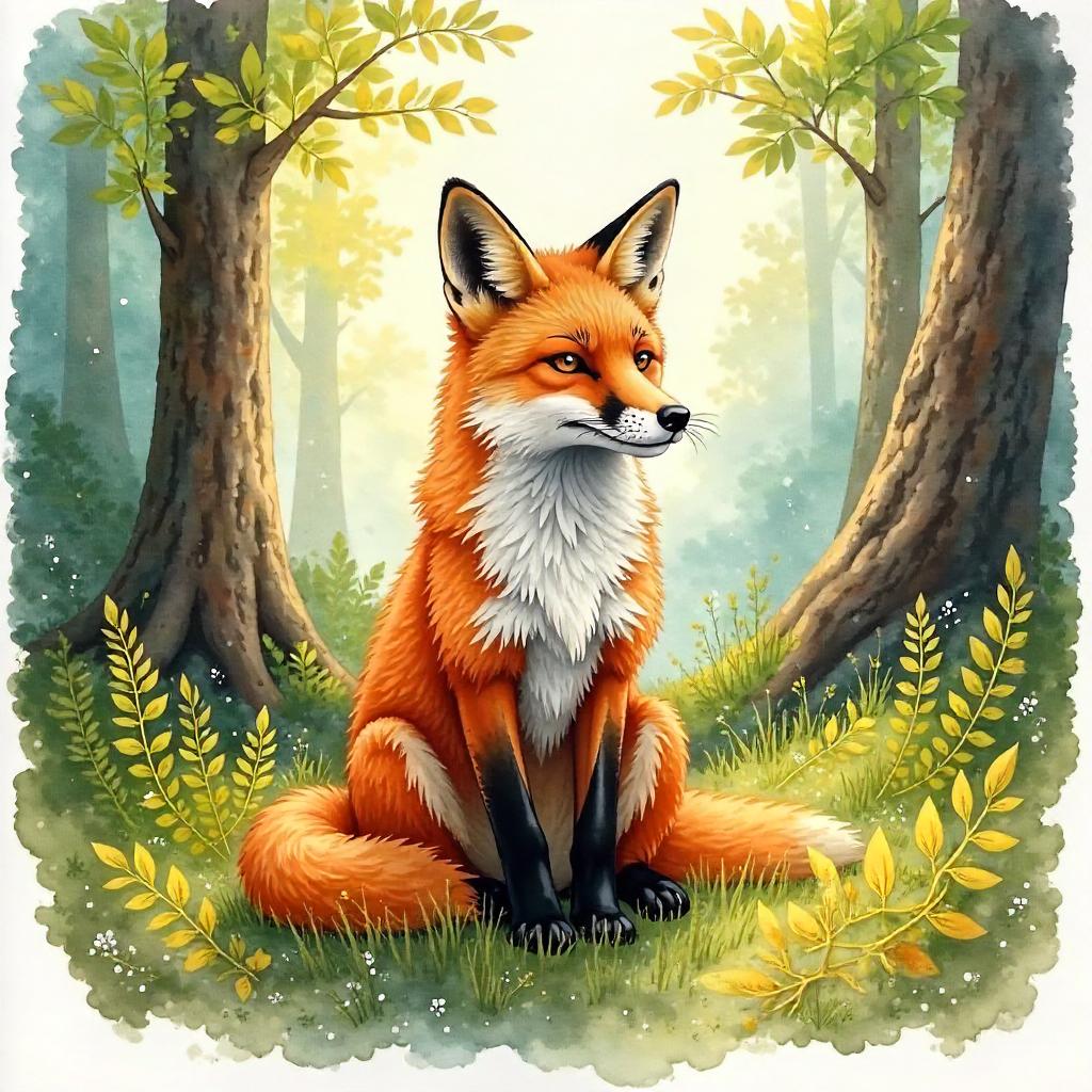 Watercolor Fox in a Quiet Woodland Clearing