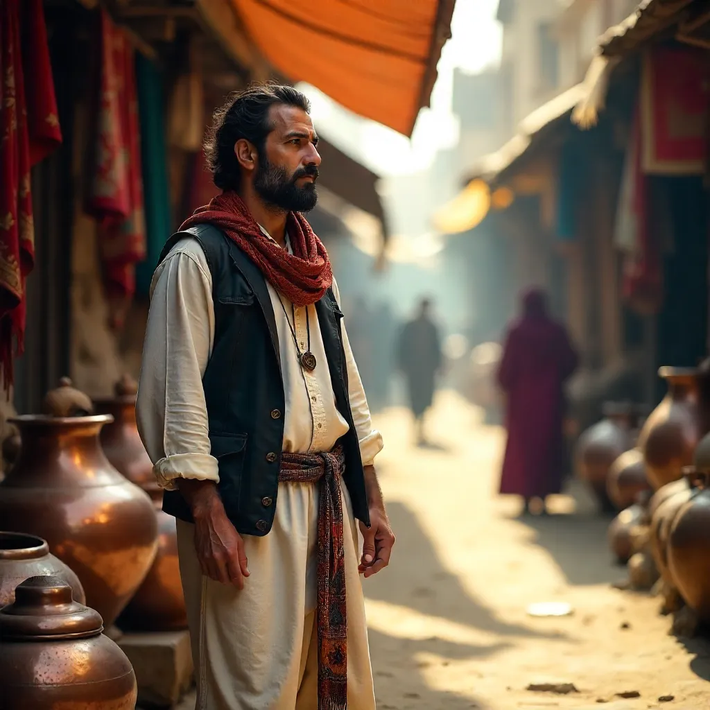 Man in Erbil Market Among Copper Pots and Textiles