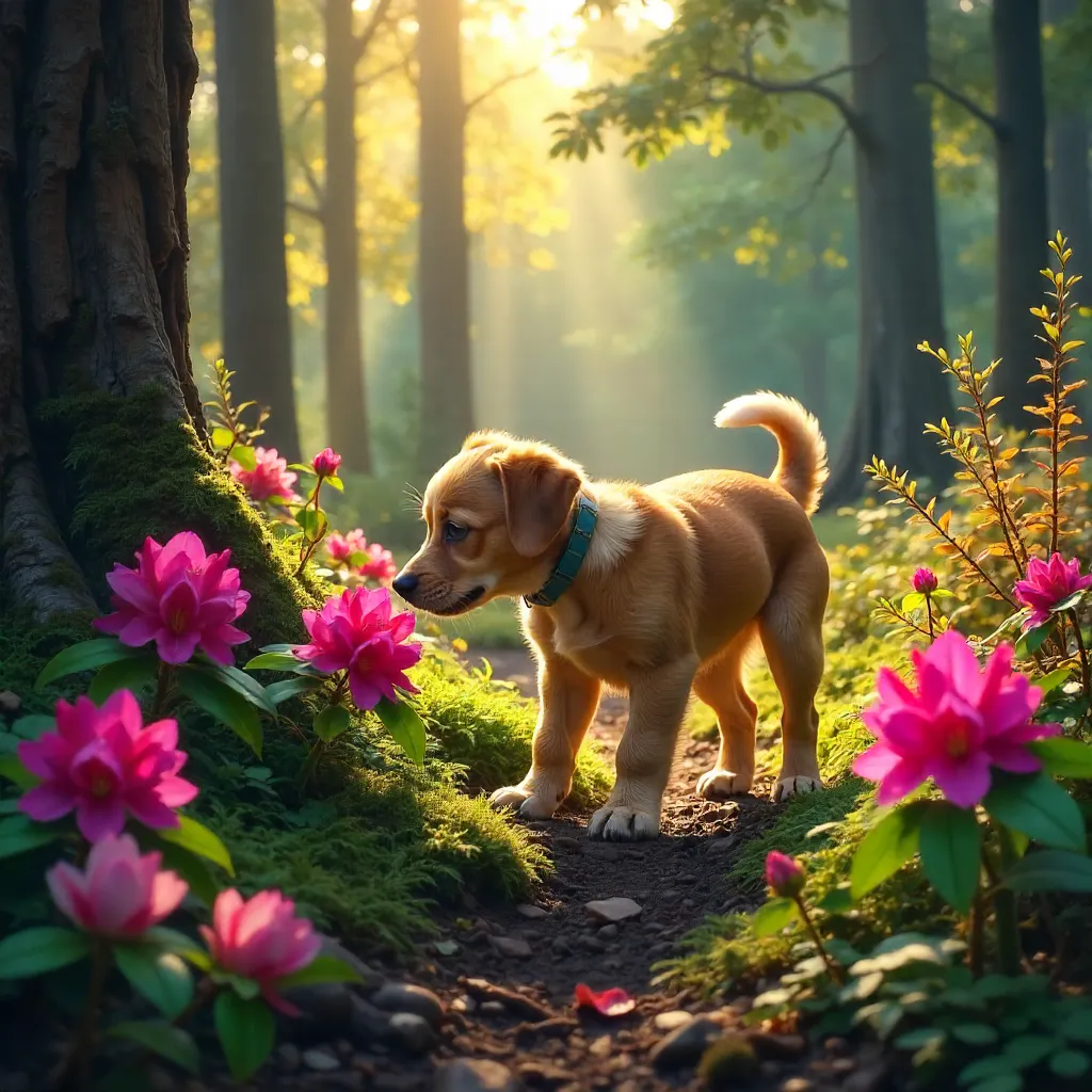 Playful Dog Exploring a Forest of Vibrant Rhododendrons