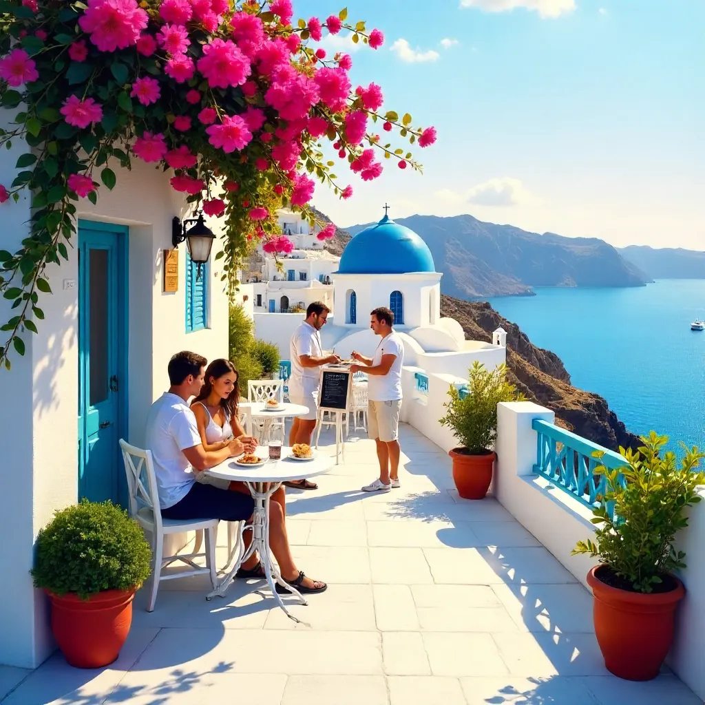 Quaint Fira Café: White Furniture with Greenery