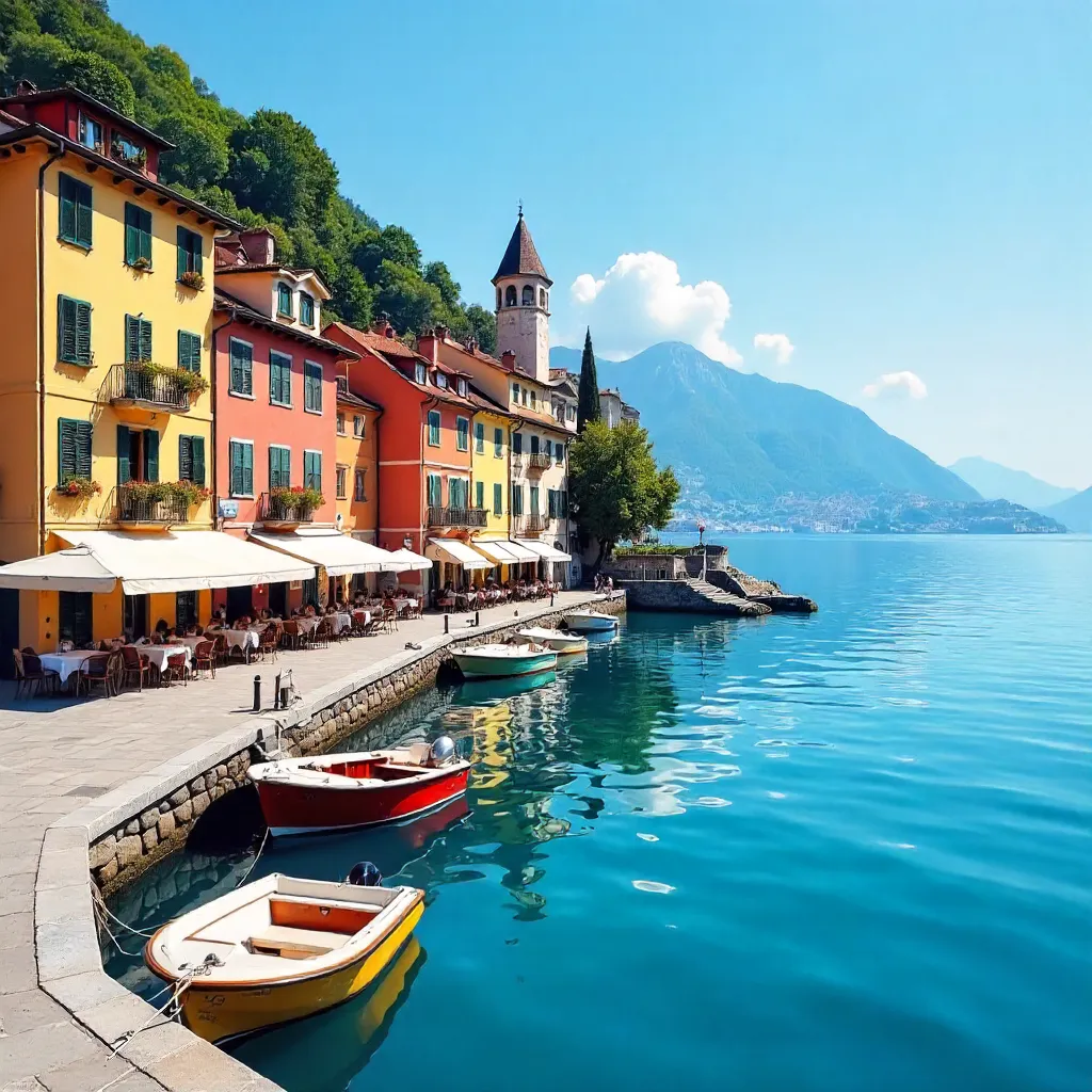 Charming Lake Como Waterfront with Boats and Colorful Architecture