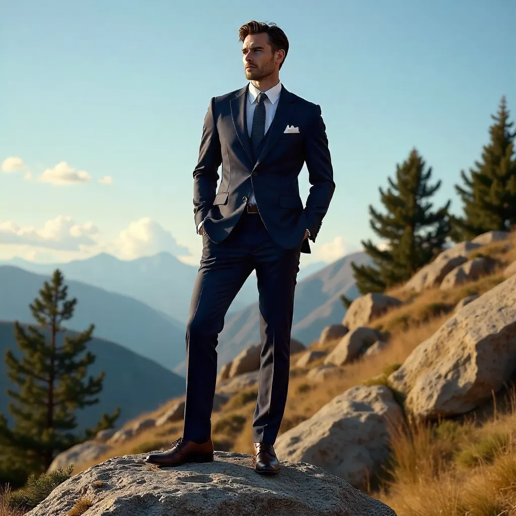 Rock-Top Confidence: Fashionable Suit on a Cliff