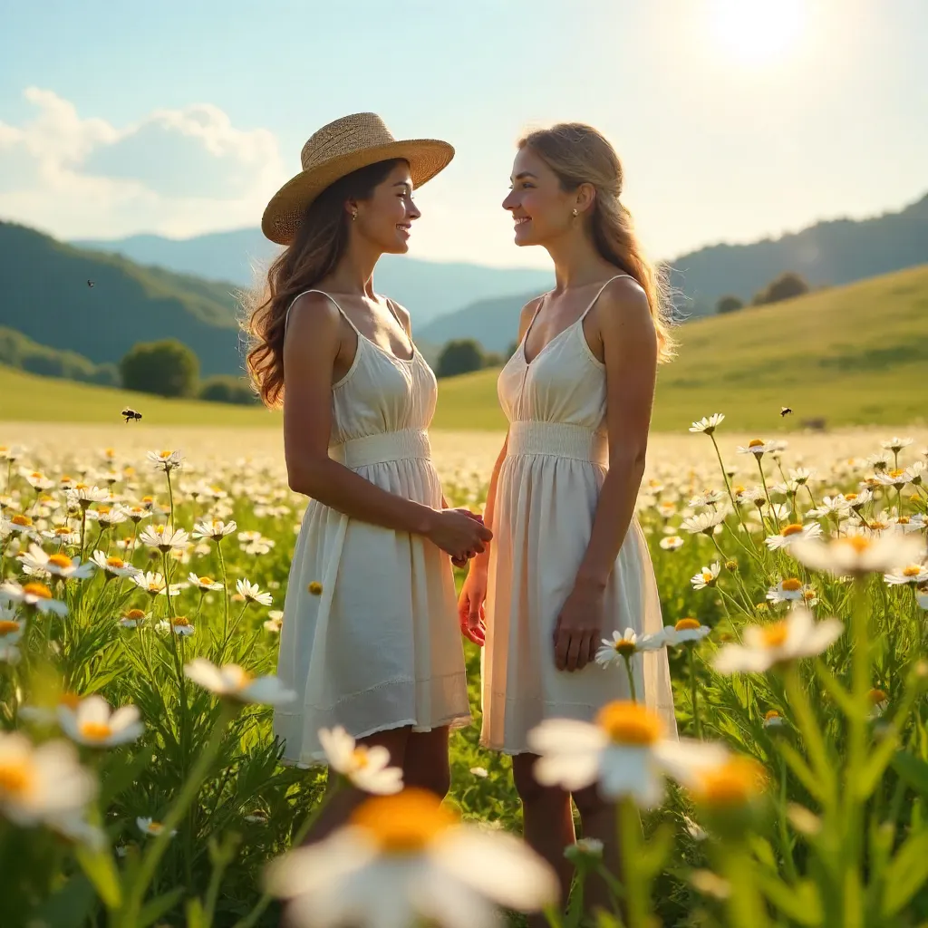 Two Friends in a Daisy Field on a Summer Day
