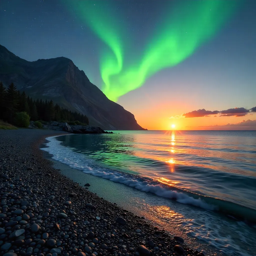 Dusk Aurora over Mountain Peaks Reflected in Sea
