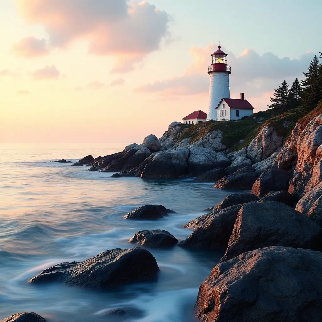 Lighthouse Behind Calm Coastal Rocks at Golden Hour