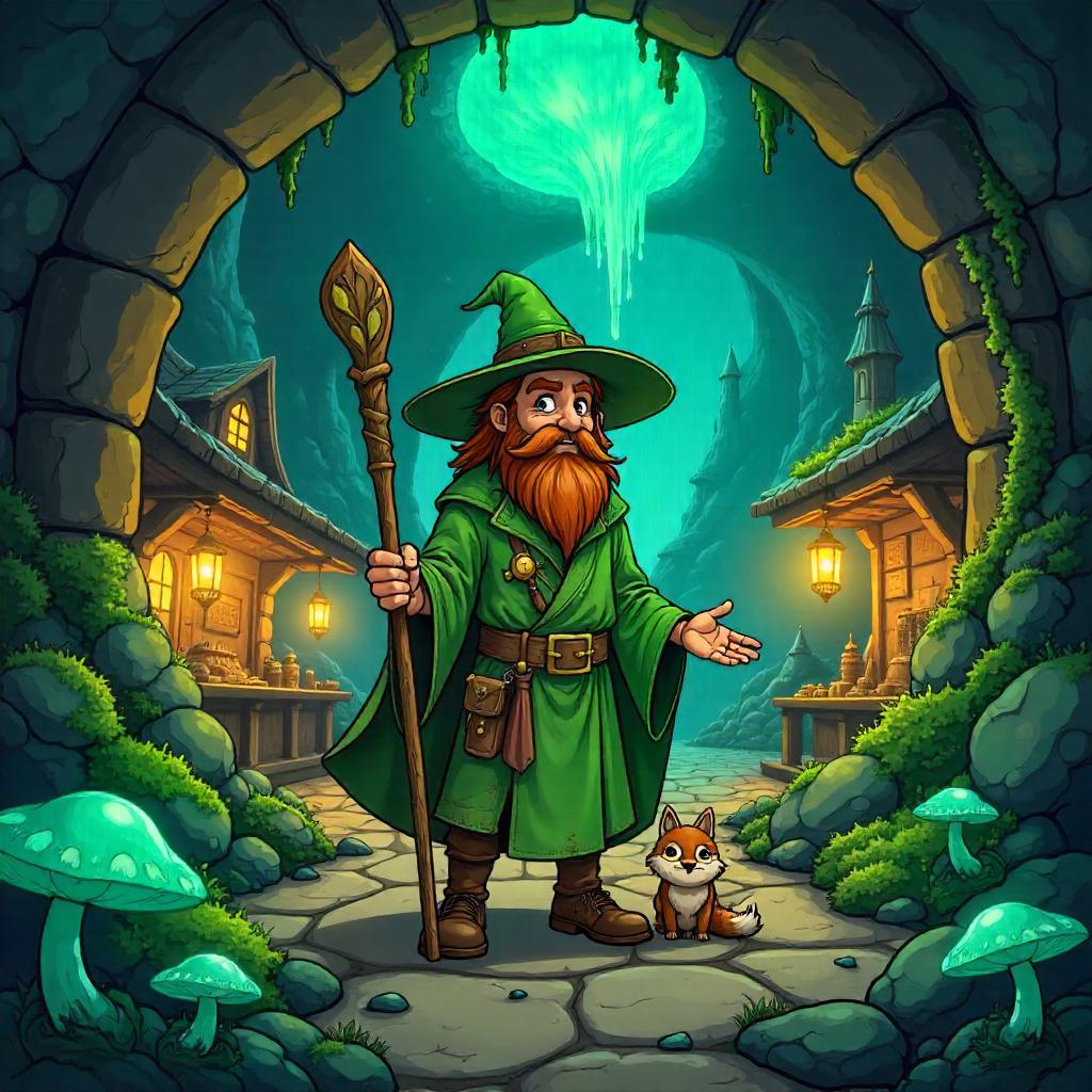 Cartoon Druid in a Bioluminescent Underground City