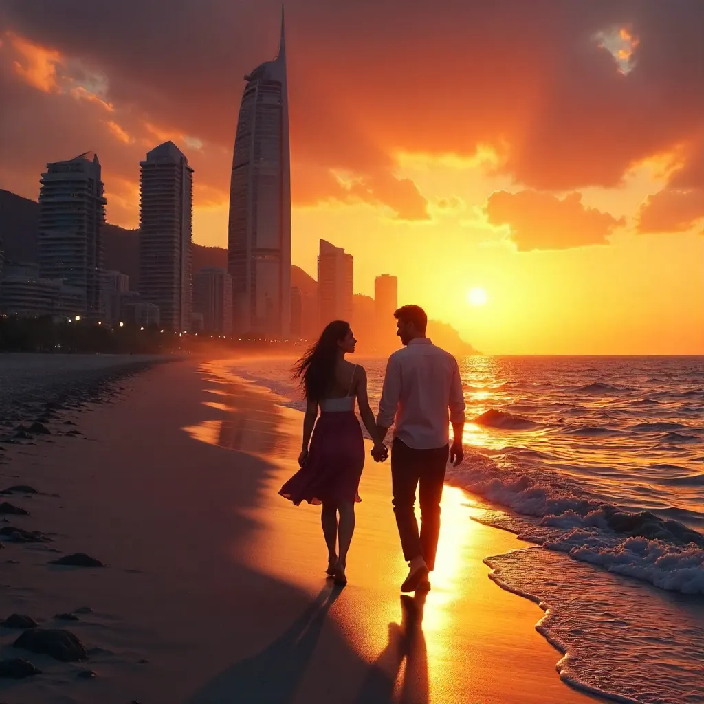 Silhouetted Lovers at Sunset by the City Skyline
