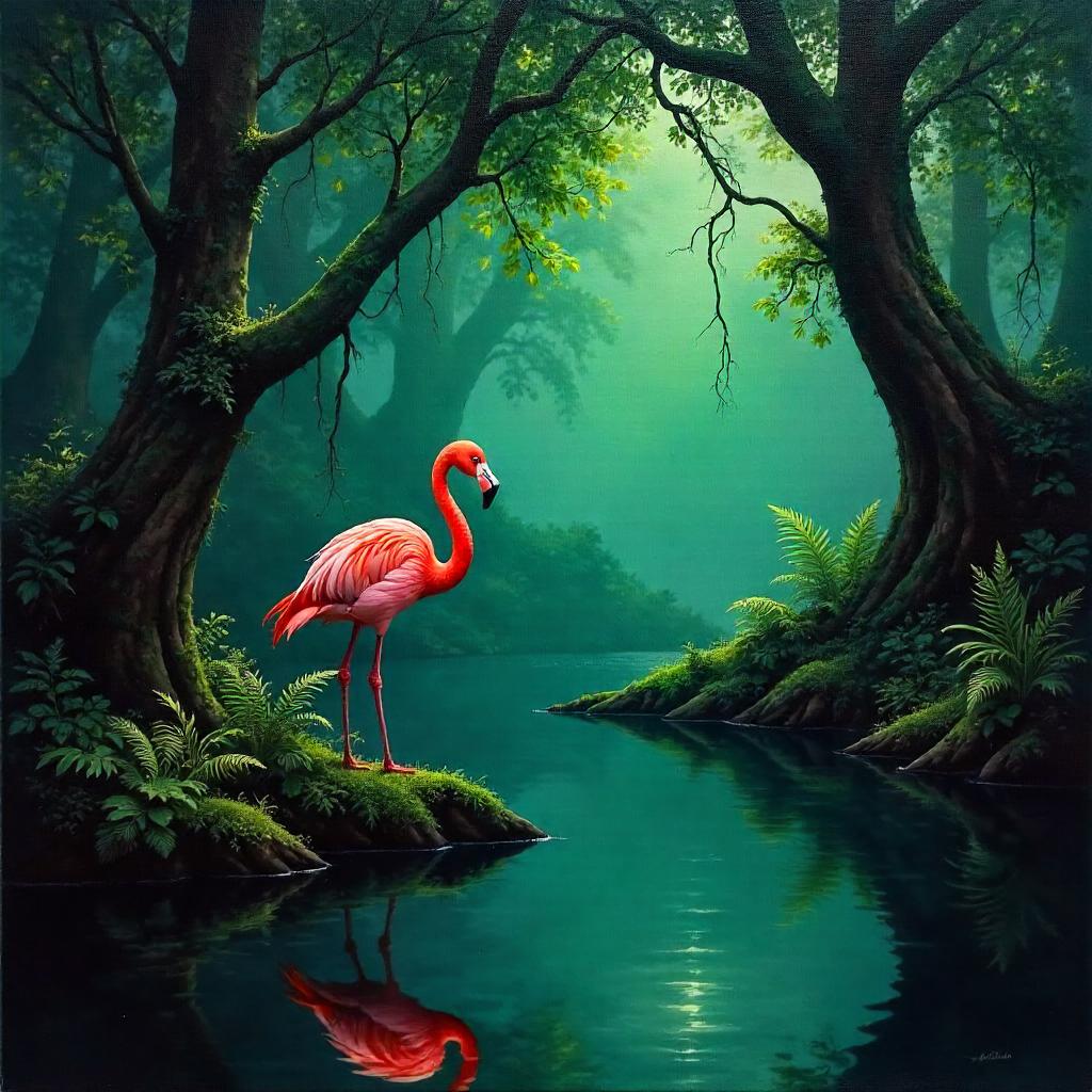 Moody Flamingo in a Dark Forest (Oil Painting)