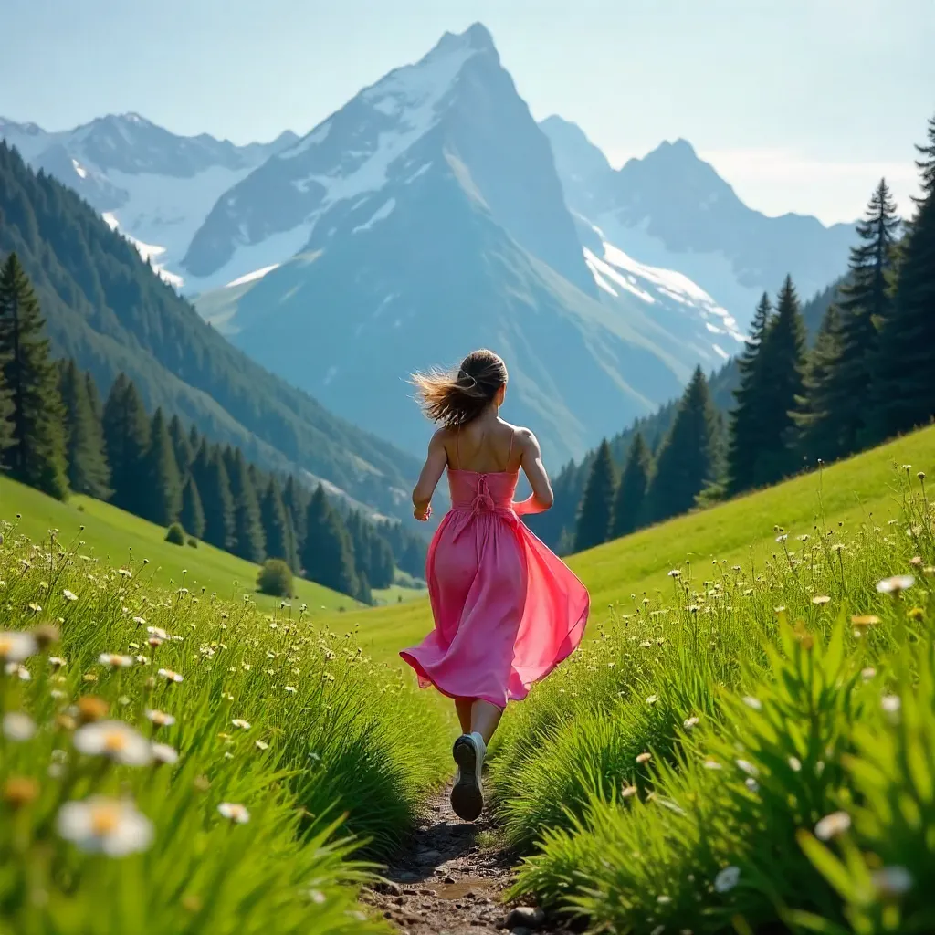 Running Through a Slovenian Meadow Under the Alps