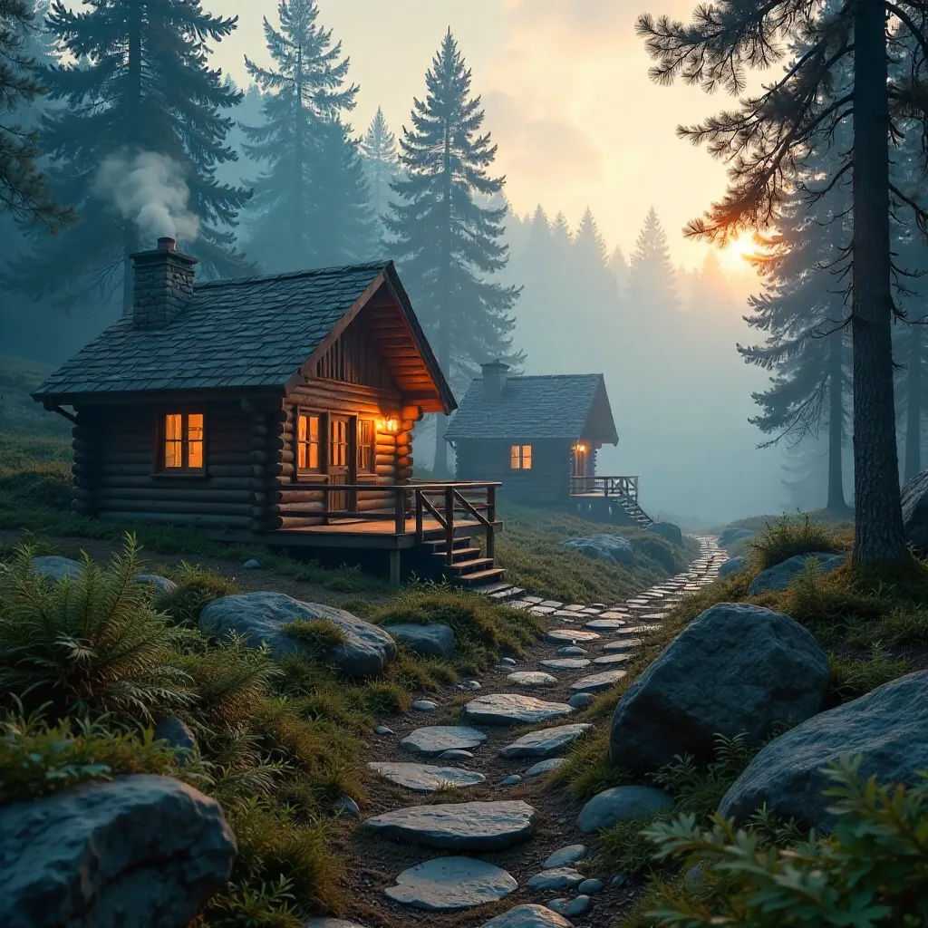 Mist-Kissed Cozy Cabins in a Forest Retreat