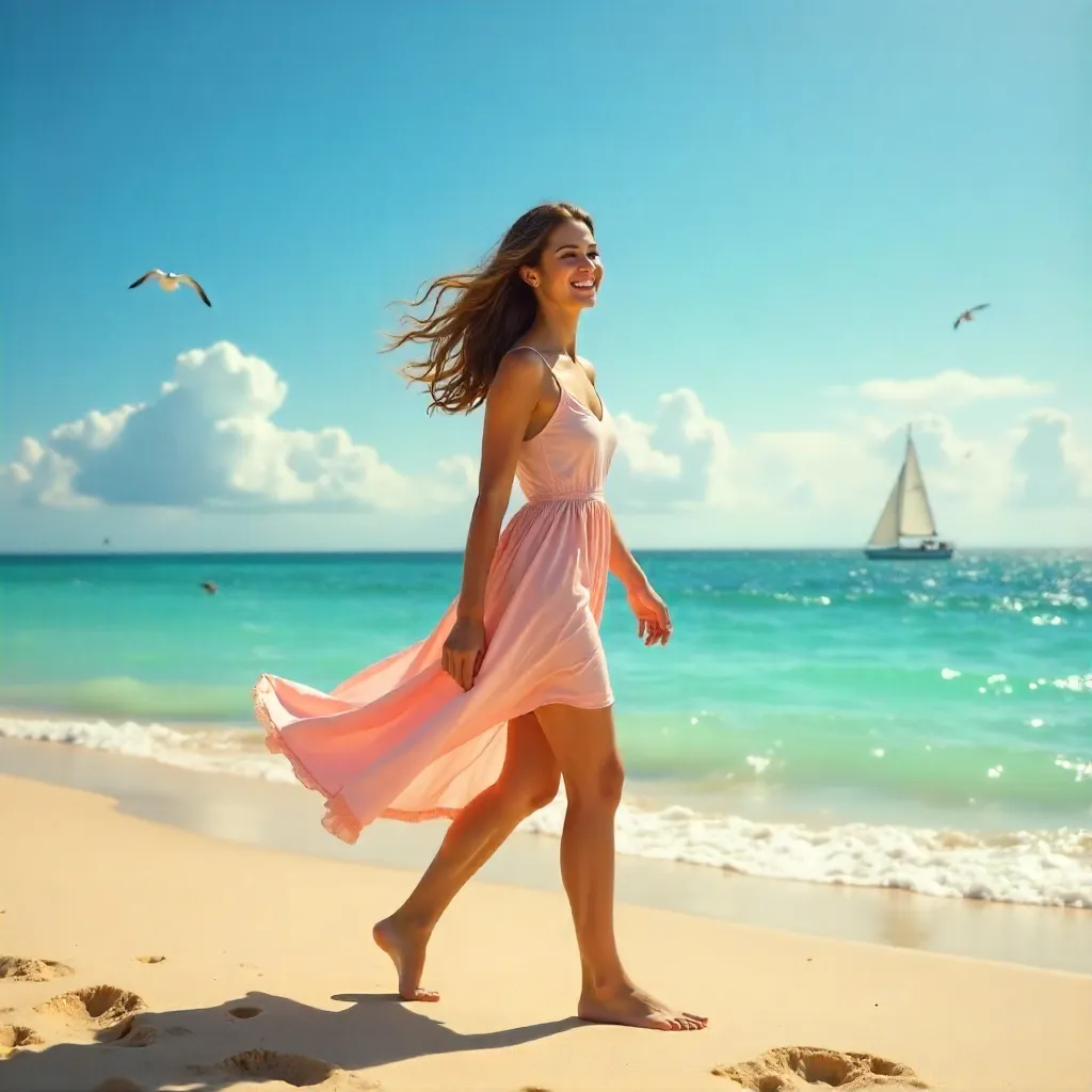 Sunny Beach Joy: Smiling Woman in a Flowing Dress