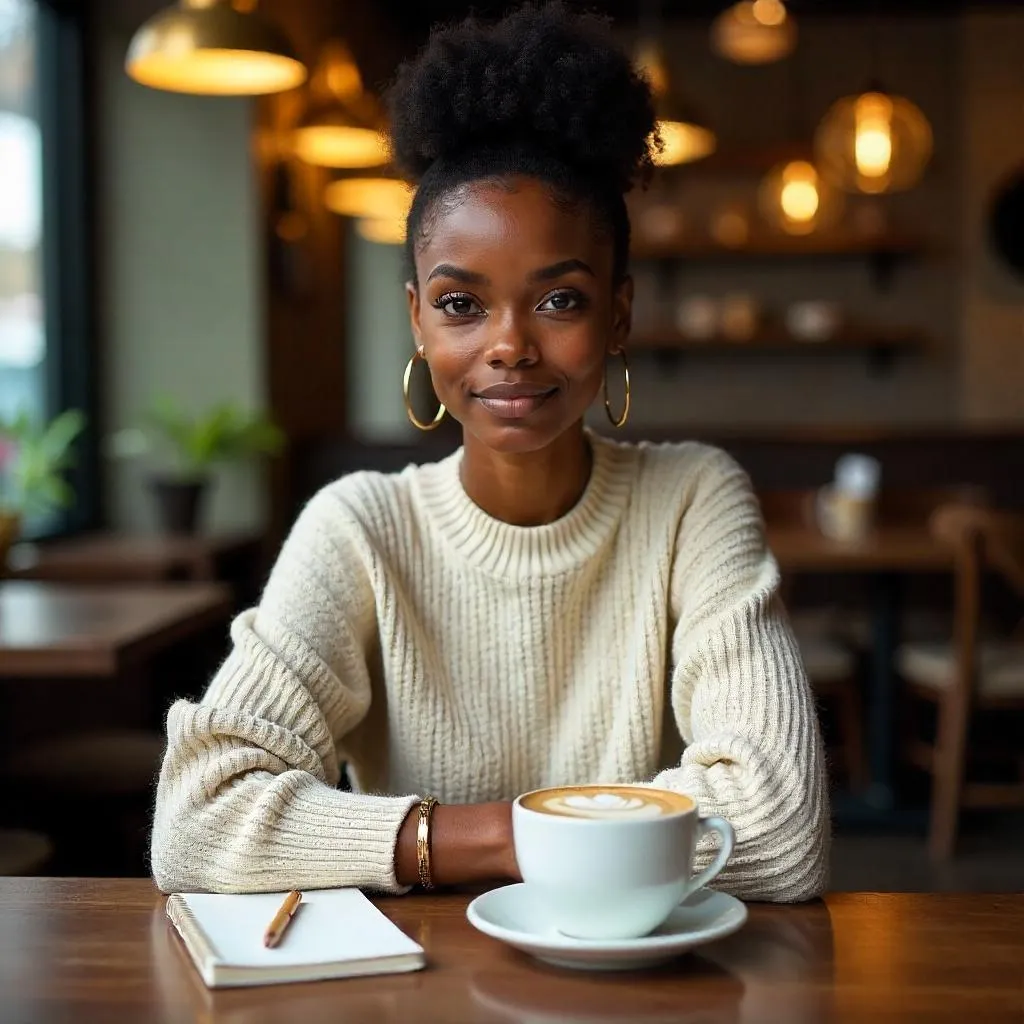 Elegant Black Girl in a Cozy Coffee Shop