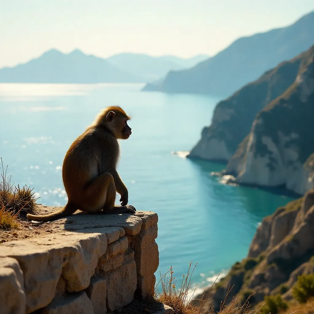 Barbary macaque on stone wall above Gibraltar Bay