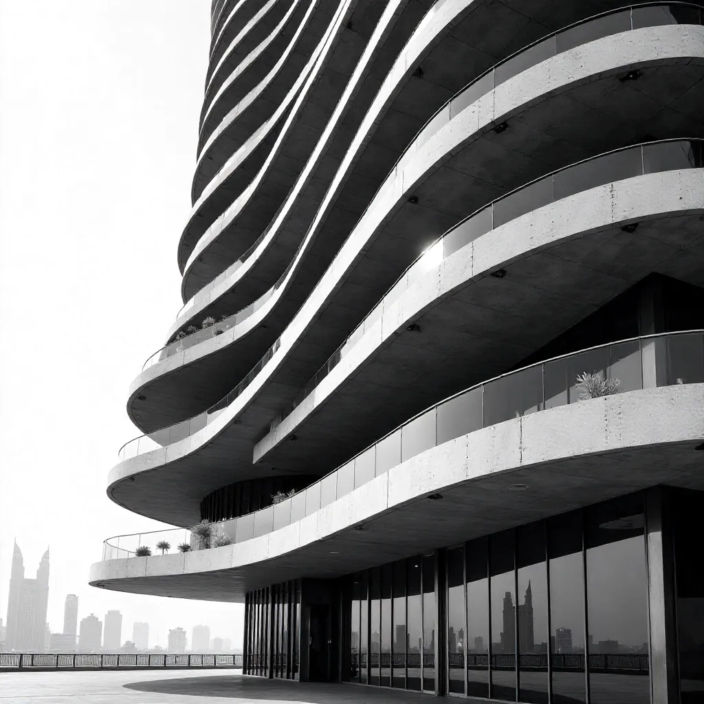 Dubai Facade with Curved Balconies in Black and White