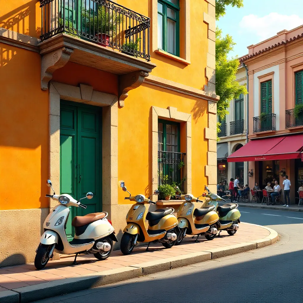 Sunny Orange Building with Scooters in the City