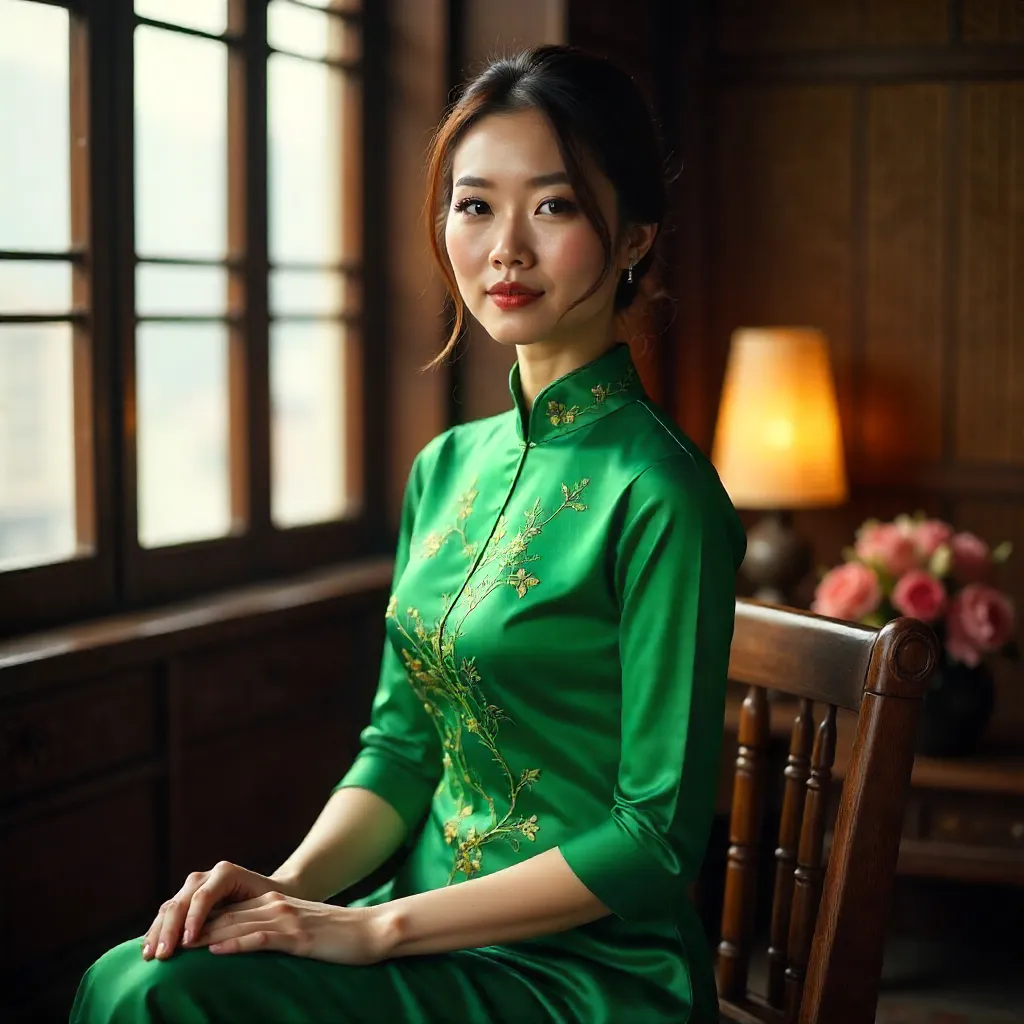 Portrait of a Vietnamese Woman in a Green Ao Dai