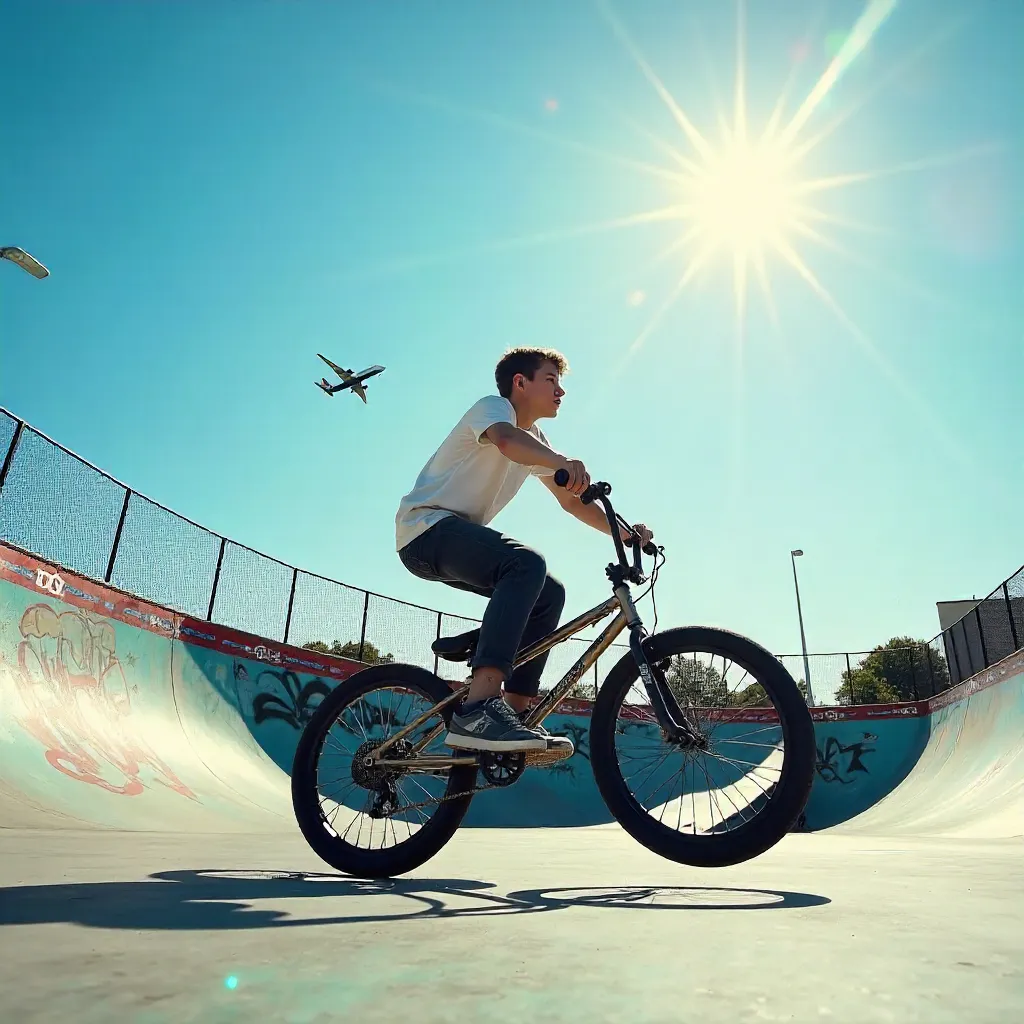 BMX Rider Watches a Plane Across a Sunny Sky