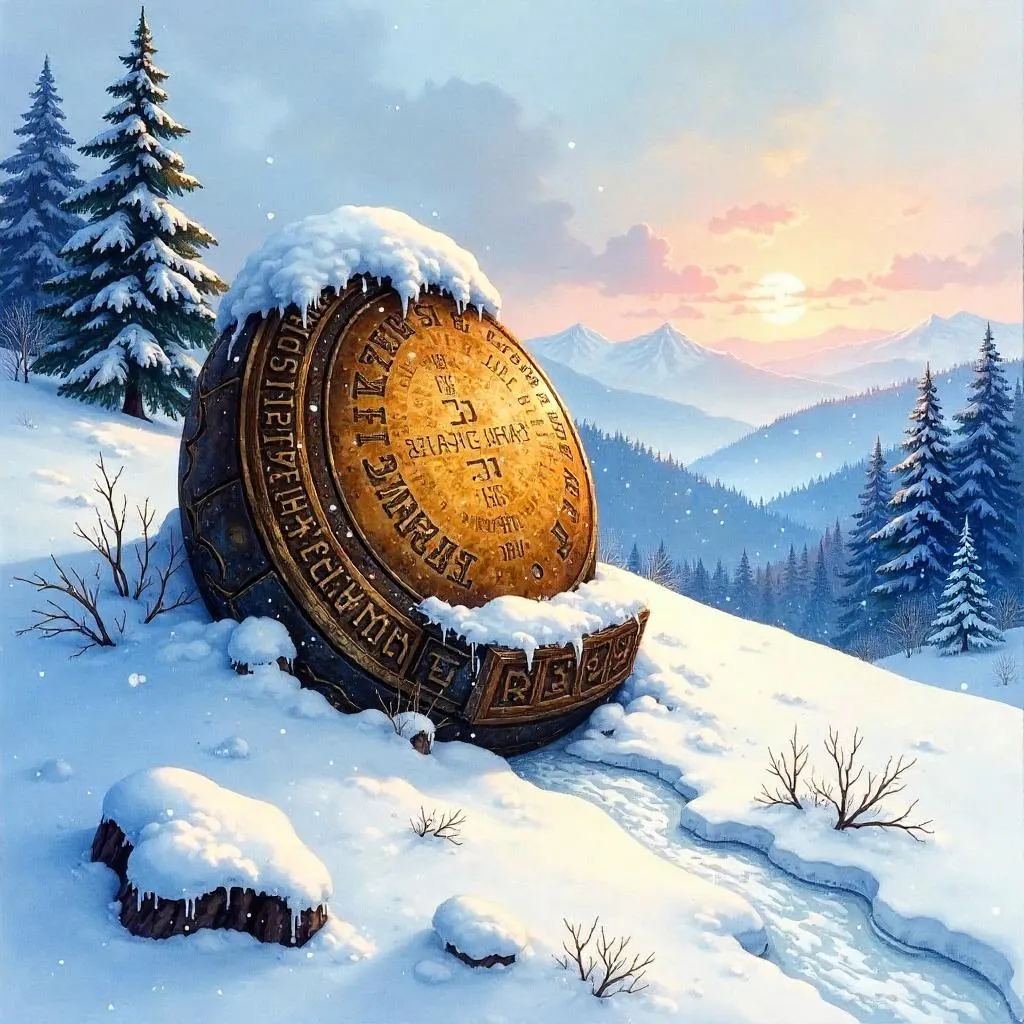 Ancient Artifact in a Snowy Landscape (Watercolor)