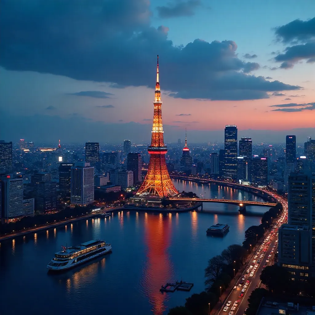 Twilight Tokyo Skyline with the Illuminated Tokyo Tower